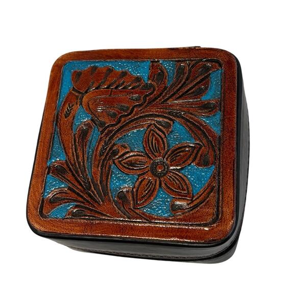 Mini travel jewelry box hand cut tooled leatherBuffalo nickel brown blue